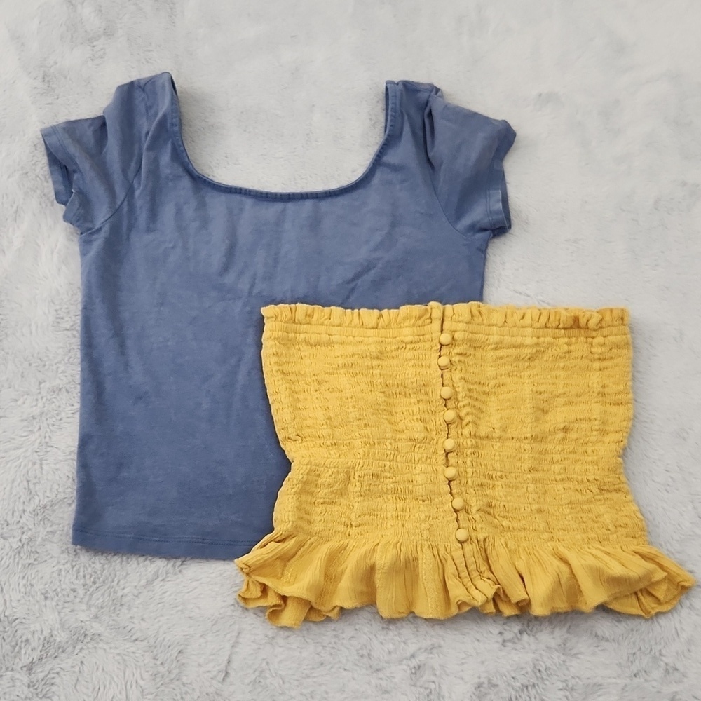 American Eagle Outfitters Bundle Yellow Smocked Tube Top & Blue Square Neck Tee